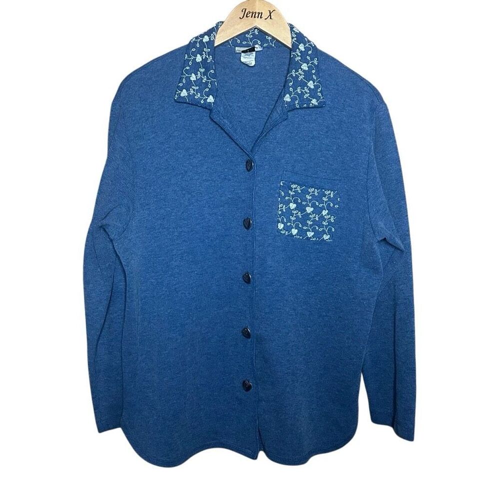 Vintage Teddi Blue Long Sleeve Cardigan Sweater Size L Collared Knit USA